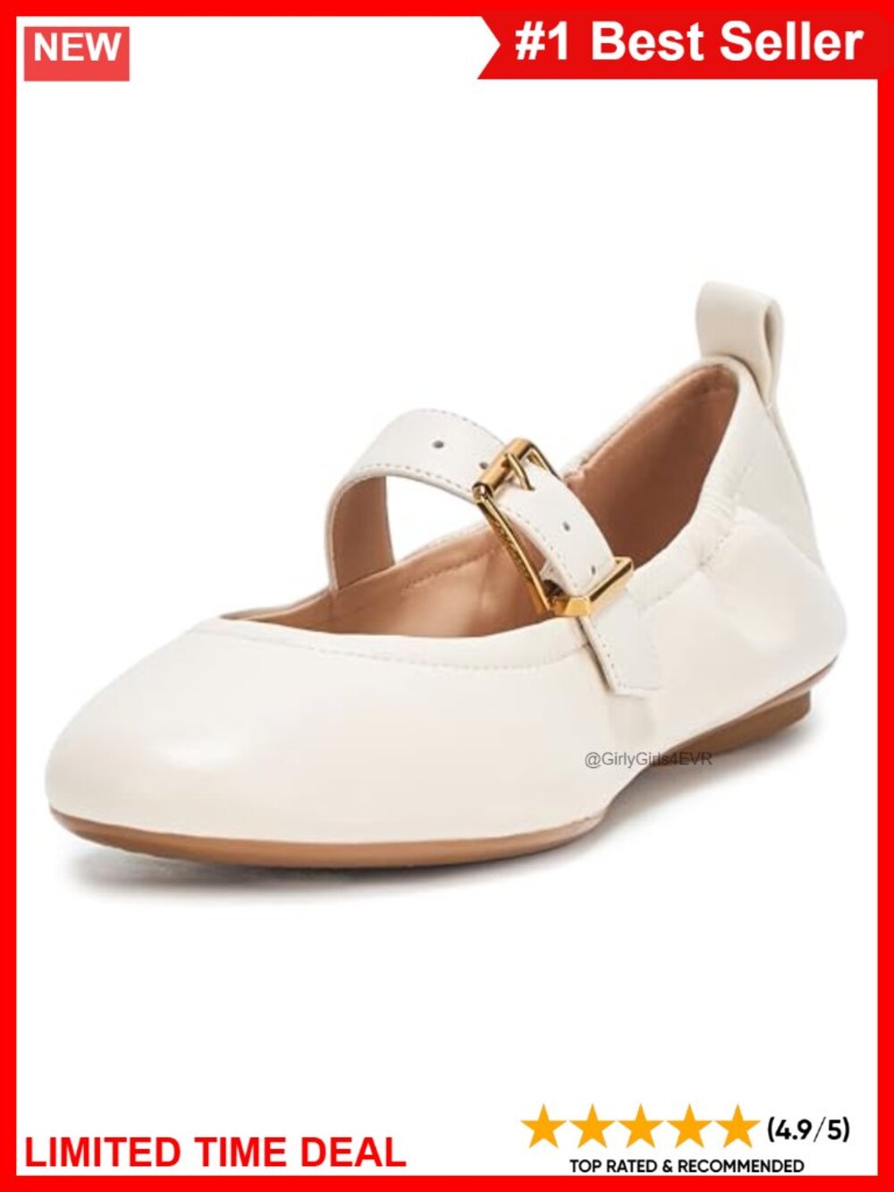 Ivory Leather Mary Jane Ballet Flats Round Toe Buckle Comfort Shoes